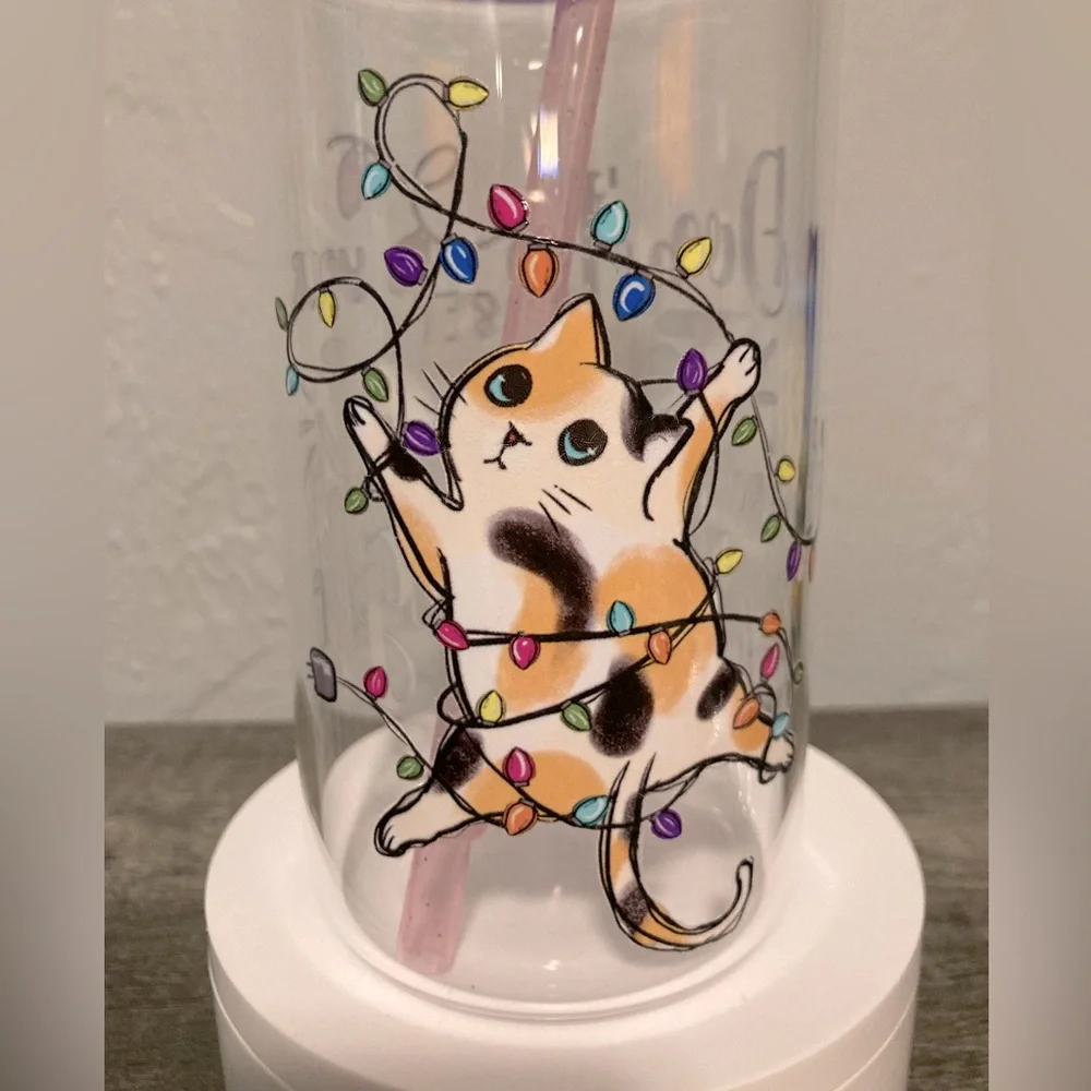 Hand Crafted Christmas Cat Glass Tumbler